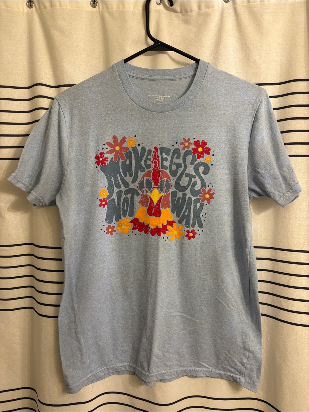 Light Blue Graphic Tee with Floral Rooster Print